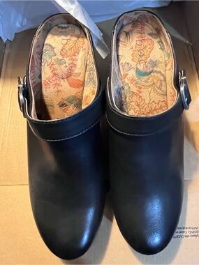 b.o.c. Black Leather Slip-On Clogs with Side Buckle